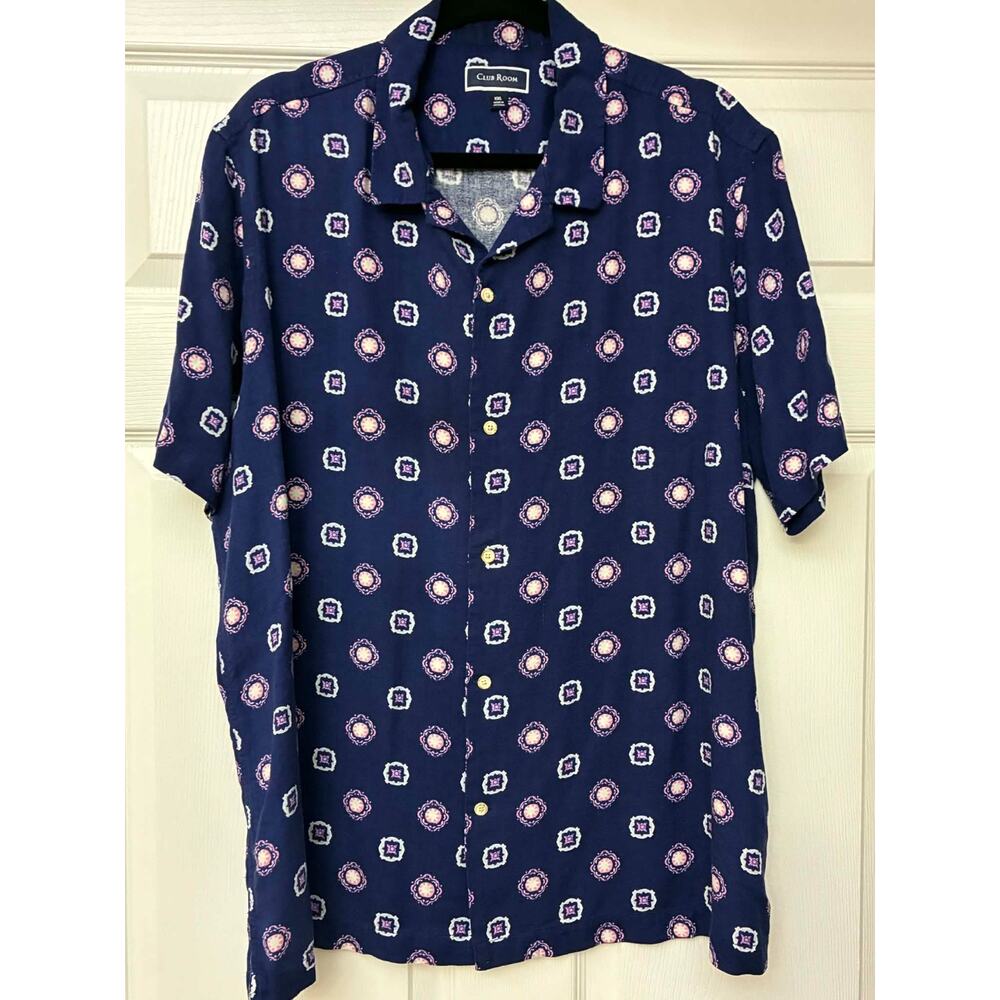 Club Room Men's Silk Blend Camp Shirt XXL Navy‎ Pink Geometric Print